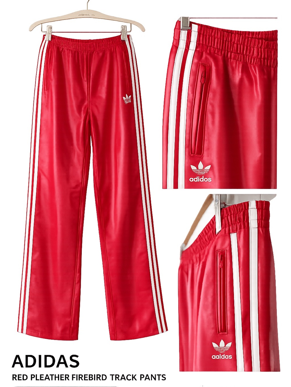 Adidas Red Pleather Firebird Track Pants Large Faux Leather 3 Stripe